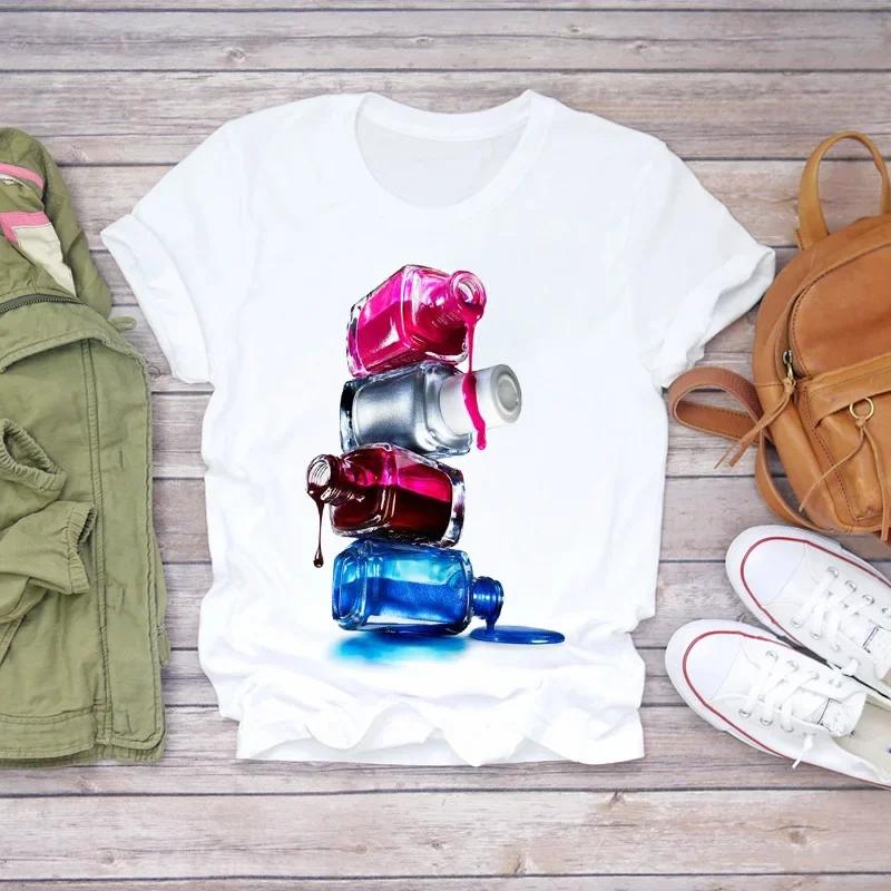 Fashion Short Sleeve White T-Shirt for Women Nail Art Makeup Beauty Style Inspired by Europe And America Summer Polyester Fabric