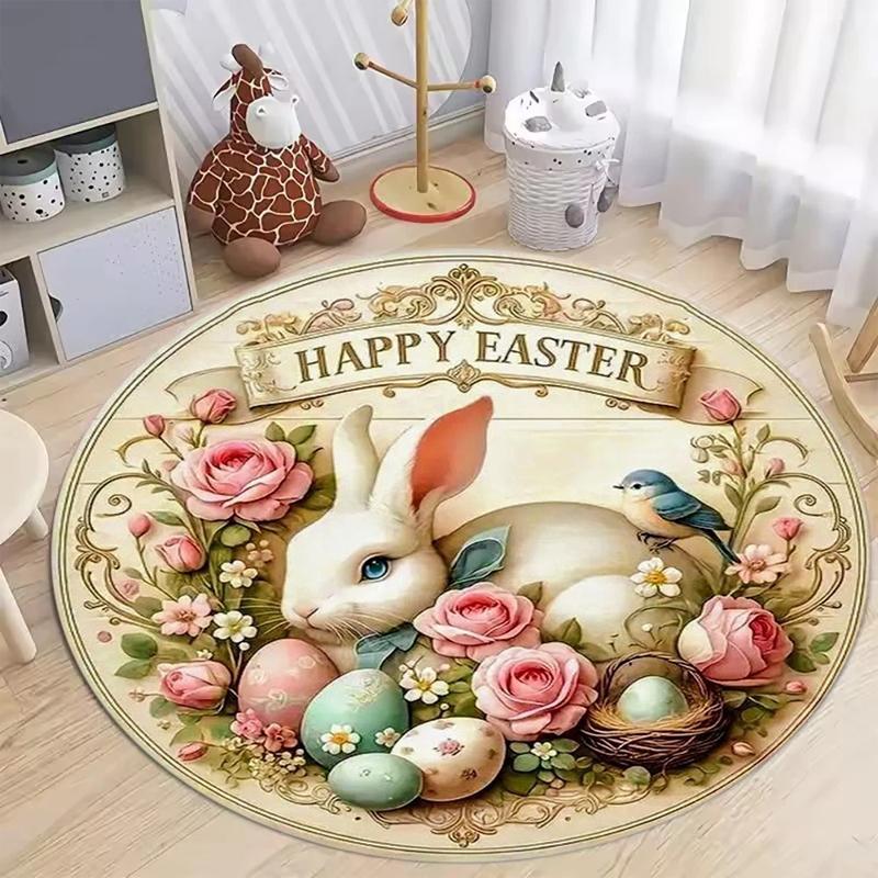 

Rabbit Easter Egg Printed Circular Carpet Spring Floral Print Entrance Doormat Living Room Bedroom Decoration Carpet 100cm x 100cm