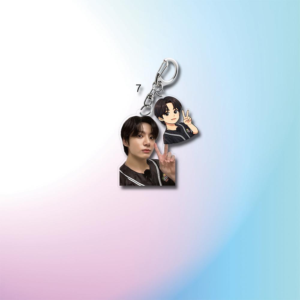

BTS Casual Outfit Photo & Cartoon Double Charm Acrylic Keychain, Bangtan Boys Real Photo + Matching Cartoon Figure Keyring, Kpop ARMY Fans Bag Pendant JUNGKOOK