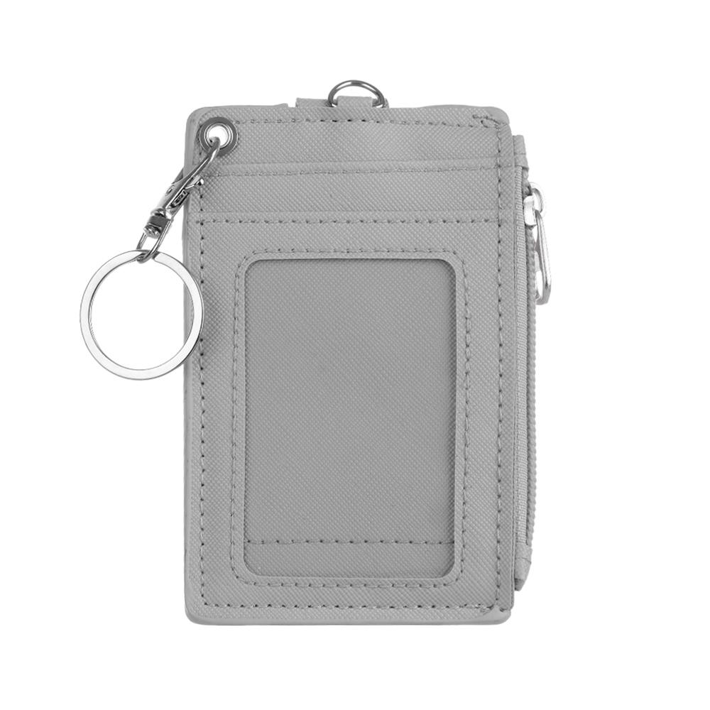 Portable Solid Color Card Holder Leather Business ID Card Credit Badge Holder Coin Purse Wallet with Keychain