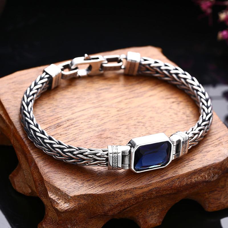 HX Silver Color Handwoven Handmade Bracelet 5MM Men's Blue Zircon Set Trendy Retro Vintage Bracelet Ins Jewelry