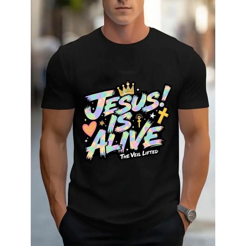 European Size JESUS IS ALIVE Crown Heart Cross Star Design 100% Cotton Men's Fashion New T-Shirt - Stylish Comfortable Casual Tee for Casual Attire