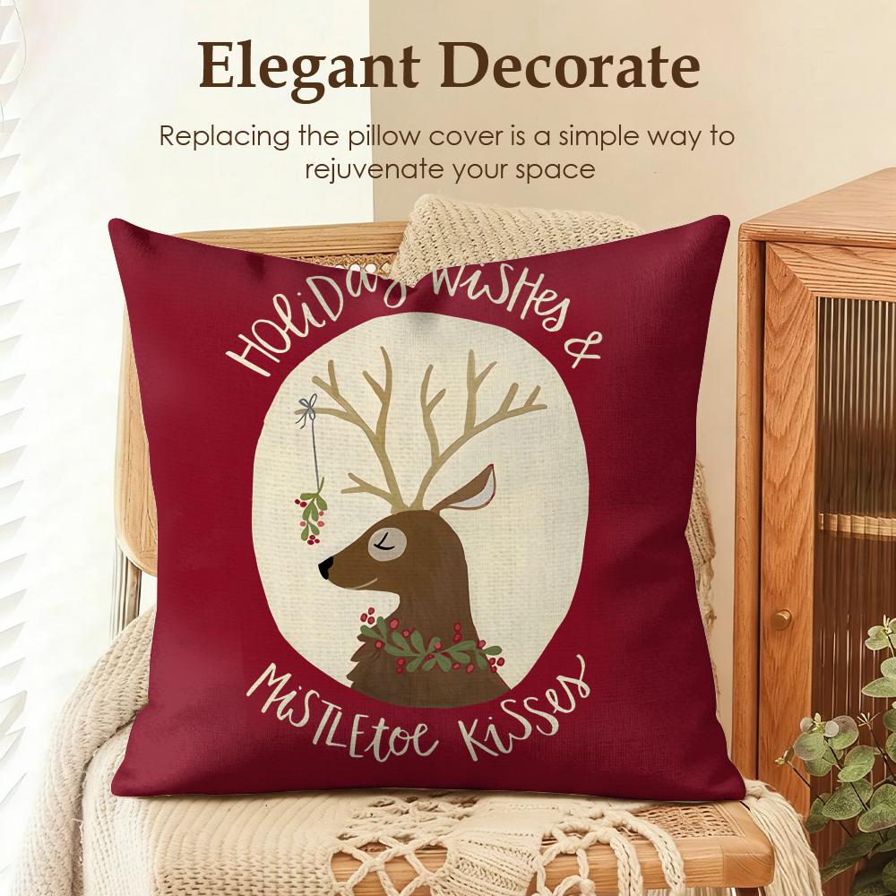 Cute Christmas Reindeer Cushion Cover Natural Linen Organic Fabric Double-Sided Printing Sofa Home Decor Gift Pillow Case