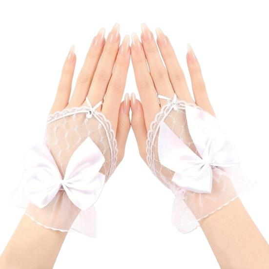 Women Lace Gloves Fingerless Mesh Gloves with Bow Embellishment for Wedding Princess Style Stage Performance Ballet Party Cosplay Bridal Accessories