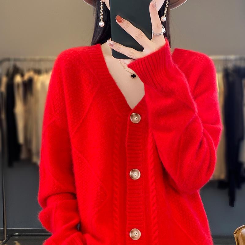 2023 Solid V-Neck Loose Knit Cardigan - Long Sleeve Top for Spring and Autumn