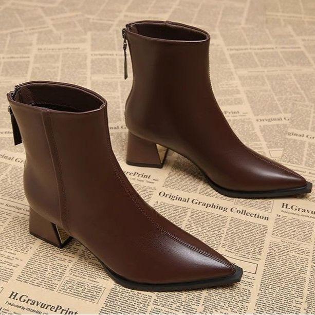 Soft leather pointed short boots women's new single boots thick heel medium heel thin high heel boots bare boots