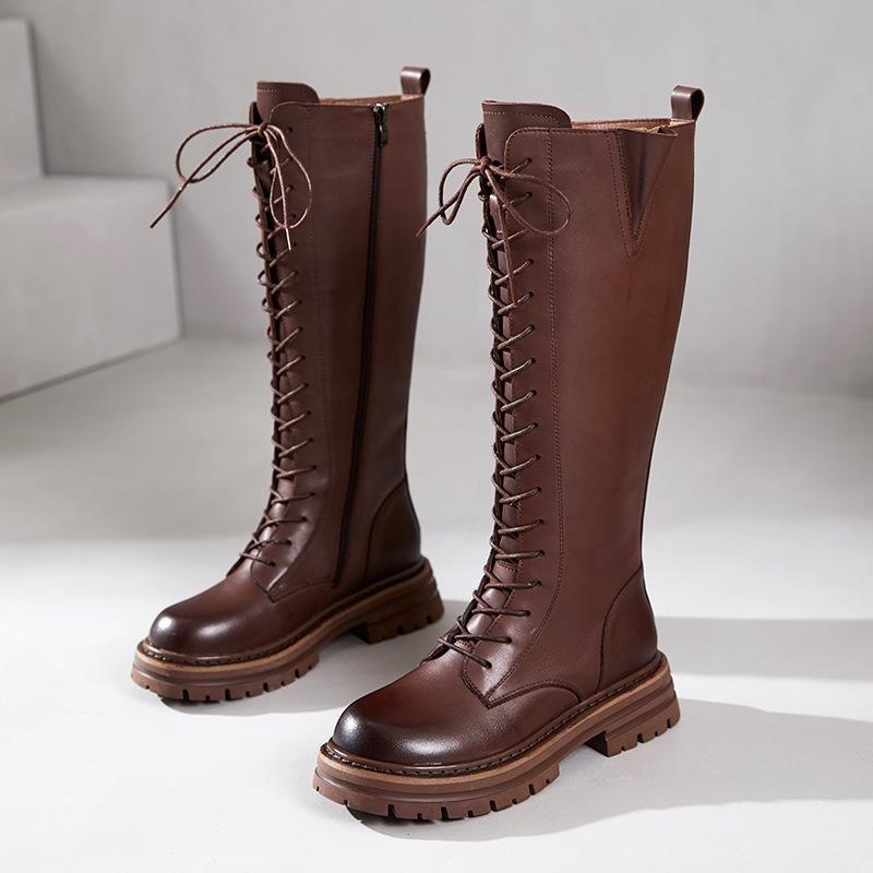 

[Эмбрион телячьей кожи] Ботинки из коровьей кожи первого слоя женские осень-зима 2025 кожаные на толстой подошве бархатные рыцарские ботинки 37