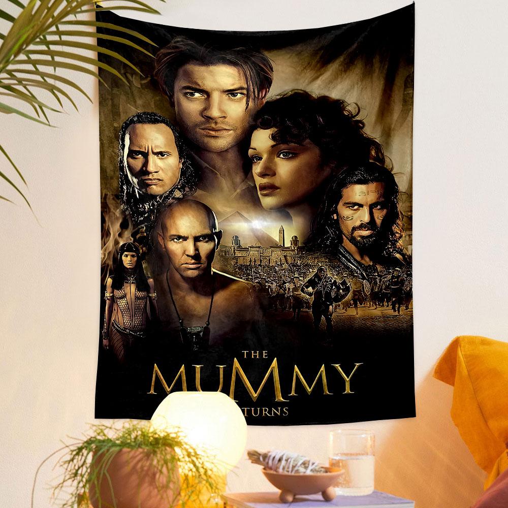 A collage of character portraits set against an ancient Egyptian backdrop. Patterned tapestry for bedroom and living room home decor