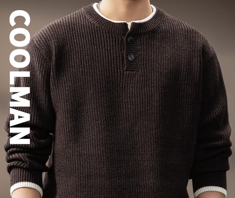 Men's Retro Two-Piece Look Color Block Ribbed Knit Sweater, Autumn Winter Casual Loose Henley Collar.