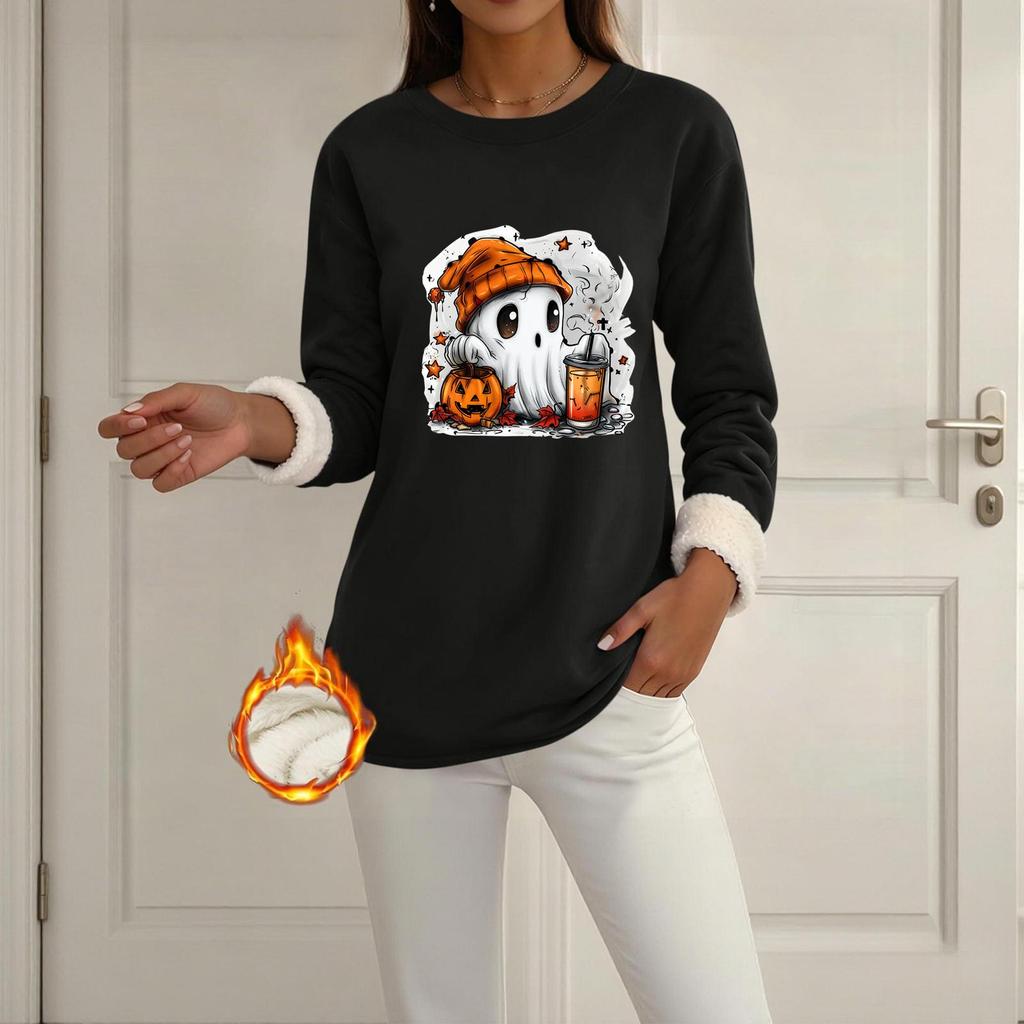 Women's Lined Long Sleeve Neck Halloween Print Top