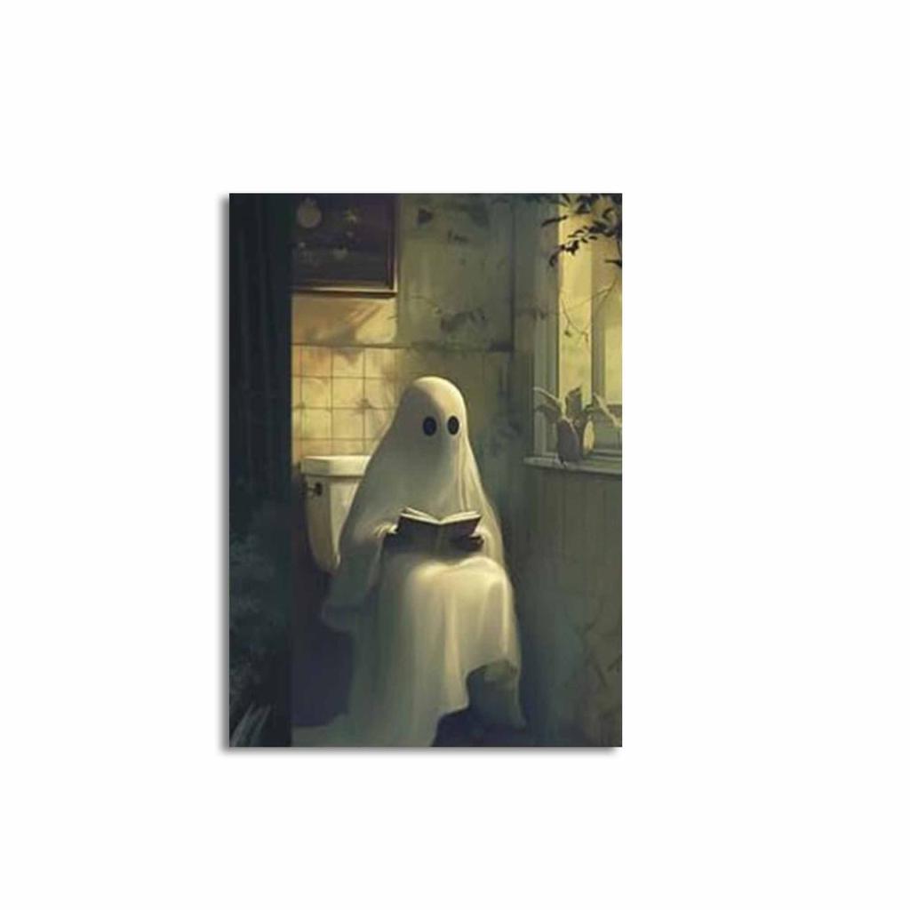 Retro Ghost and Black Cat Animal Canvas Prints Ghost Couple Flower Wall Art Posters for Modern Living Room Halloween Home Decor