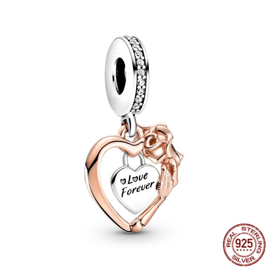 Fine S925 Sterling Silver Love You Mom Double Heart Split Dangle Charm Beads Fit Original  Bracelet DIY Women Jewelry Gift