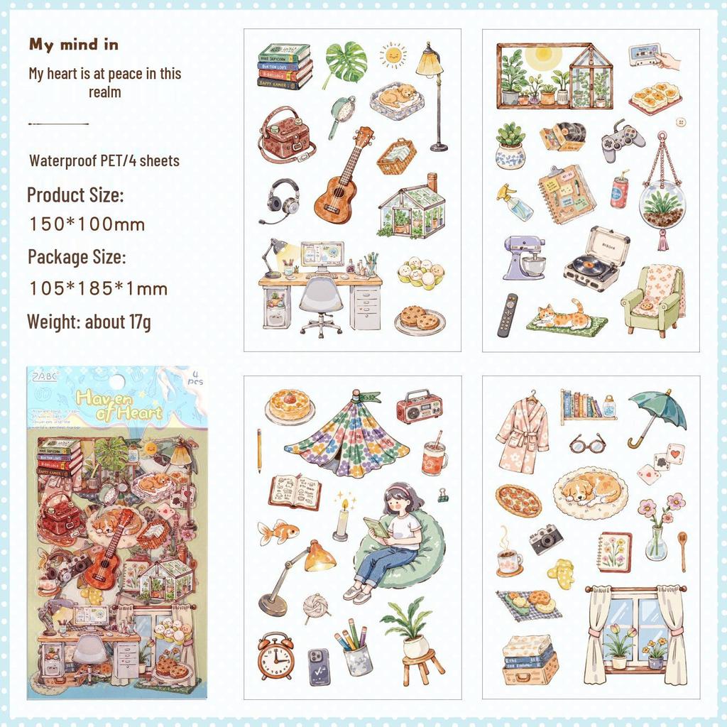 ZABC Die-cut PET Sticker Sheets: Life & Food Theme Happiness Guide Series (4 Sheets Included)