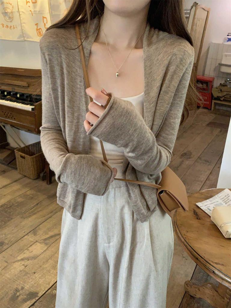 Women's Lightweight Korean-Style Knit Cardigan - Sun Protection, Long Sleeve, Versatile Shawl for Summer, Spring, and Autumn.