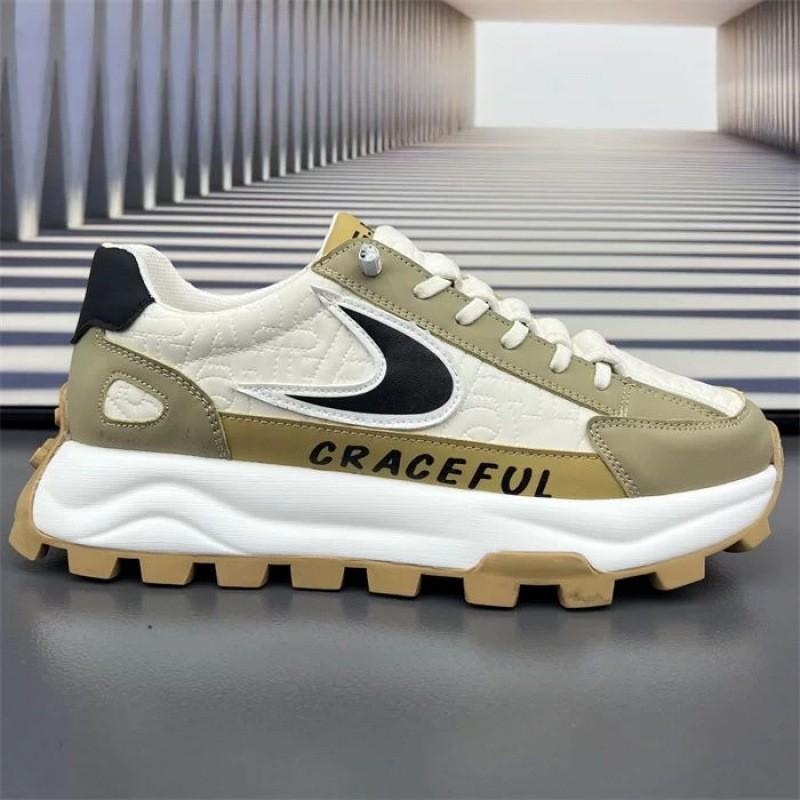 Mens Chunky Sneakers Leather Patchwork Thick Sole Platform Casual Running Shoes