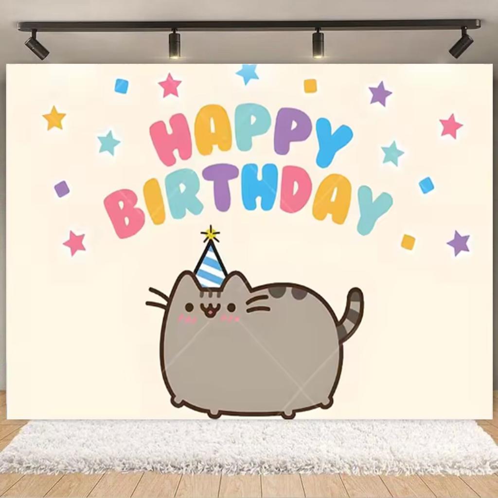 Cartoon Cute Fat Gray Cat Cake Happy Birthday Banner Custom Kid Birthday Party Decor Supplies Baby Shower Photography Background