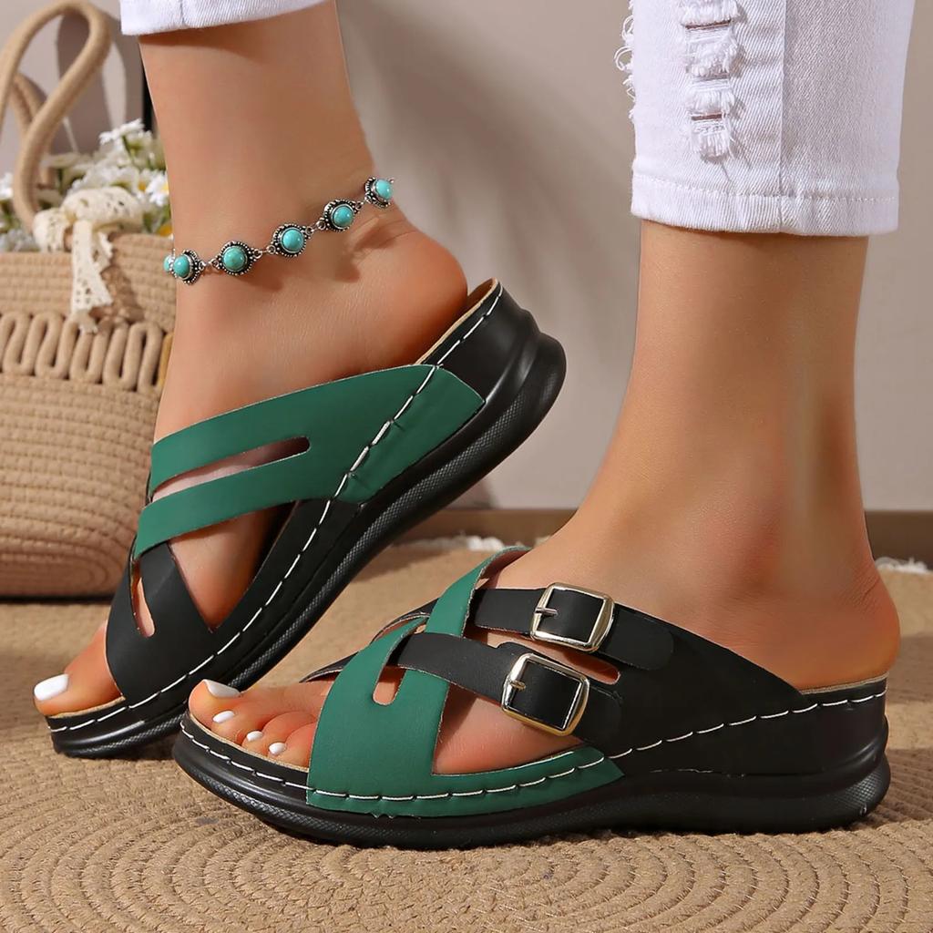 Fashion Women's Sandals Fashion Patchwork Color Thick Soled Wedge Slippers Hollow Casual Beach Sandals 2025 Summer Sandalias Mujer