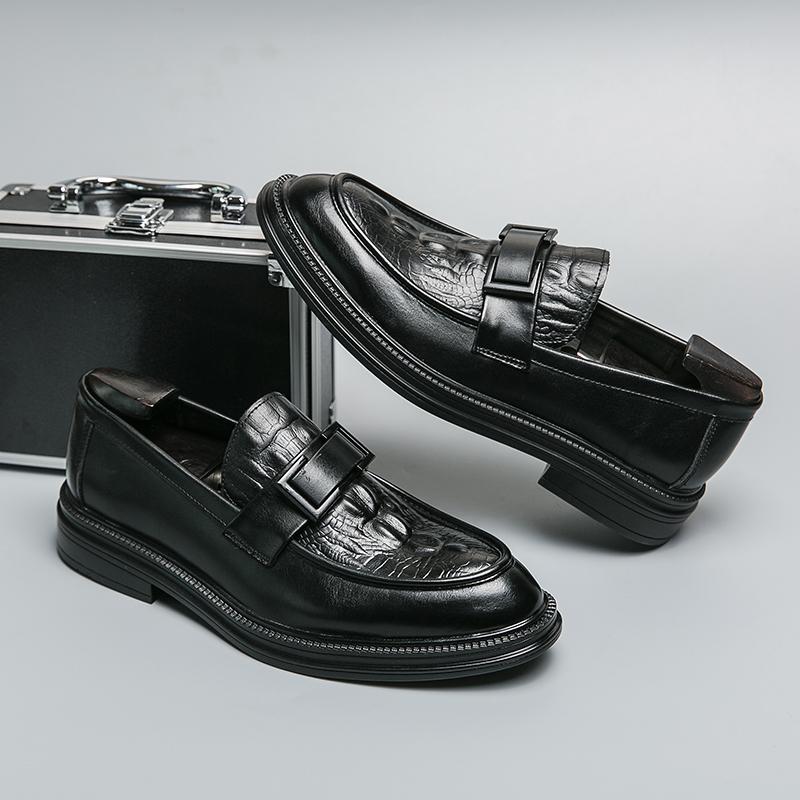 Luxury Men Dress Shoes Genuine Leather Crocodile Print Wedding Black Iron Buckles Business Office Slip On Mens Rubber Sole Shoes