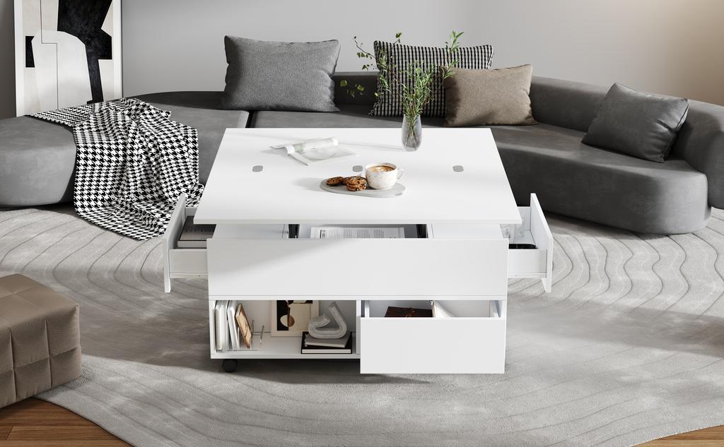 Coffee table, height-adjustable living room table, 3-in-1 multifunctional with casters, 4 drawers, convertible into dining table, white, 100x50x52cm
