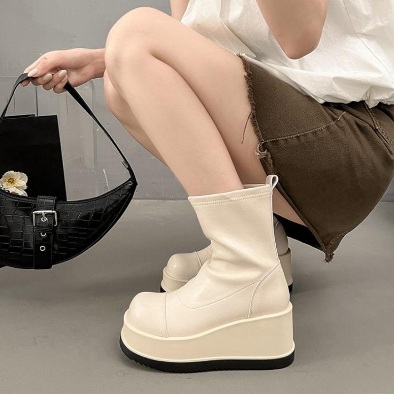 

Европейские и американские Spice Girls Маленькие ботильоны на платформе, увеличивающие рост, Женские 2025 Лето Новая мода Универсальные эластичные облегающие ботинки 40