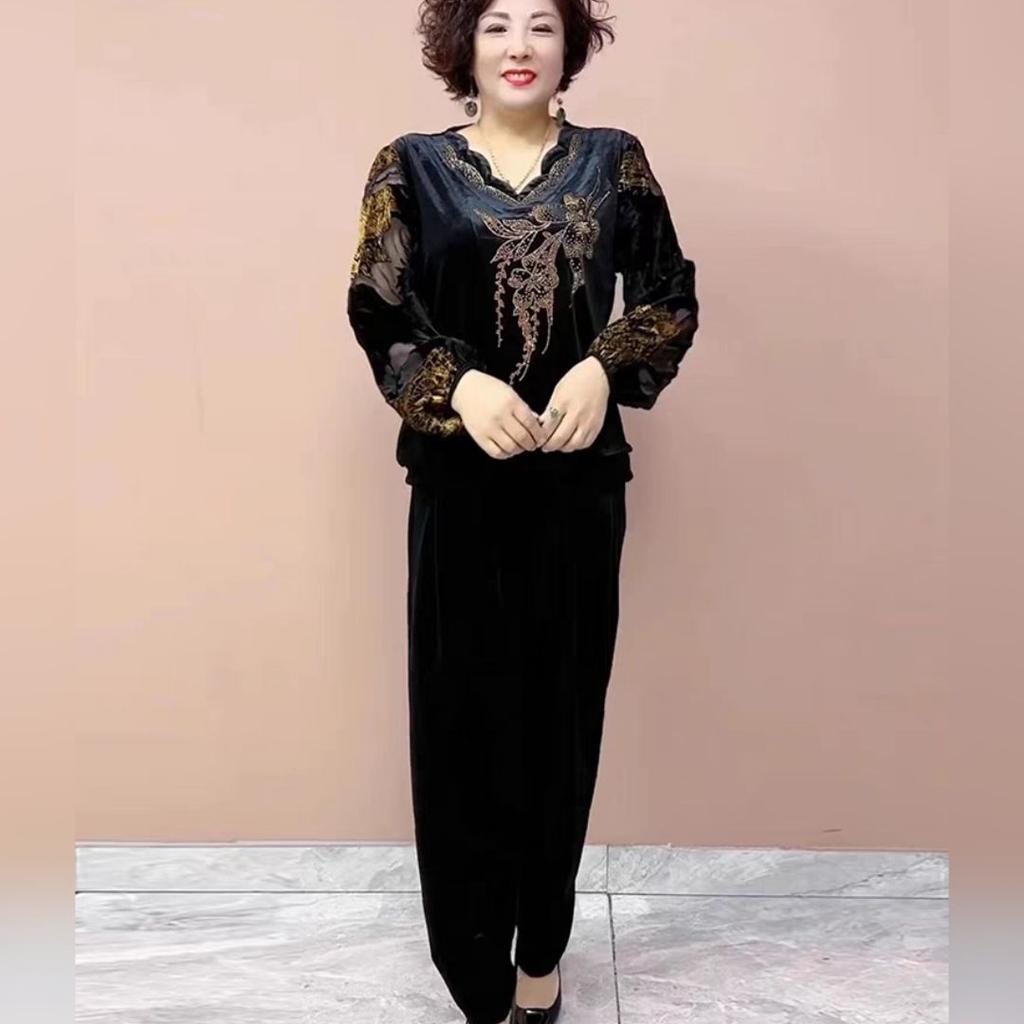 2pcs Pants Suit High-end Autumn Retro Women's  Plus-size Velvet Printed Blouse High-waist Velvet Harem Pants Two-piece Set