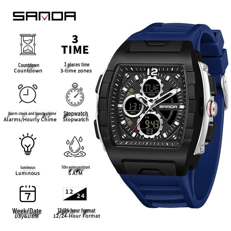 Sanda Men's Sports Barrel-Shaped Luminous Countdown Watch with Triple Time Zone and Dual Display, Waterproof Design.