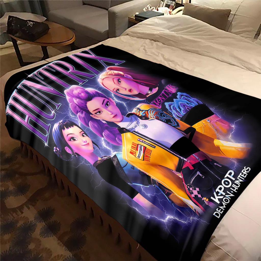 KPop Demon Hunters Cartoon Print Flannel Blanket, Warm Comfortable for Bedrooms, Sofas, Beds -HYQ11