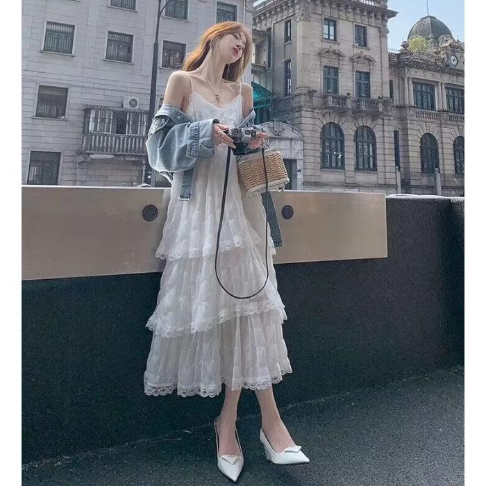 New Chinese suspender chiffon dress women s summer new lace seaside vacation medium and long cake skirt S