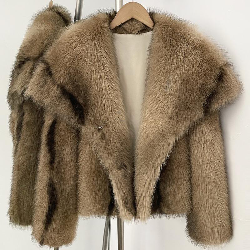 Winter-Kunstpelzmantel Damen Kunstfuchsfell Kurz Mode Gestreifter Reversmantel