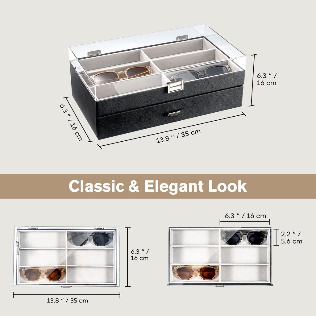 ProCase Sunglasses Case 12 Storage Box for Eyeglasses and Acrylic PU Black (Holds Sunglasses), 2-Tier Jewelry, Lid, Material,