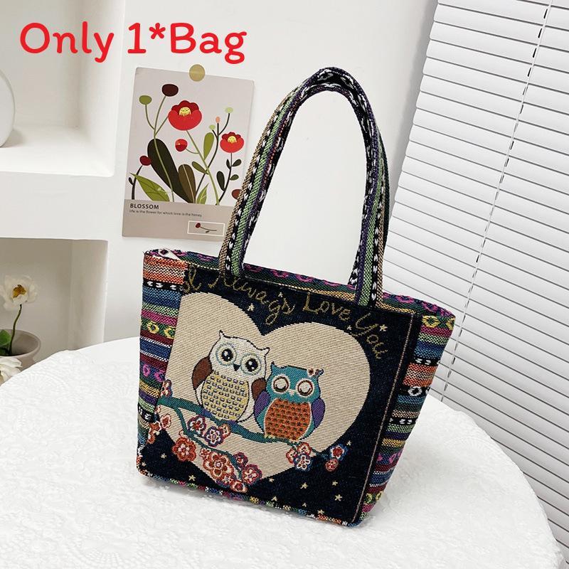 Cartoon Elephant Owl Canvas Handbag With Embroidery For Daily Casual Use