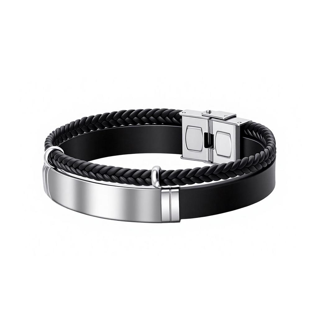 European & American Minimalist Braided Leather Bracelet with Engravable Stainless Steel Plate