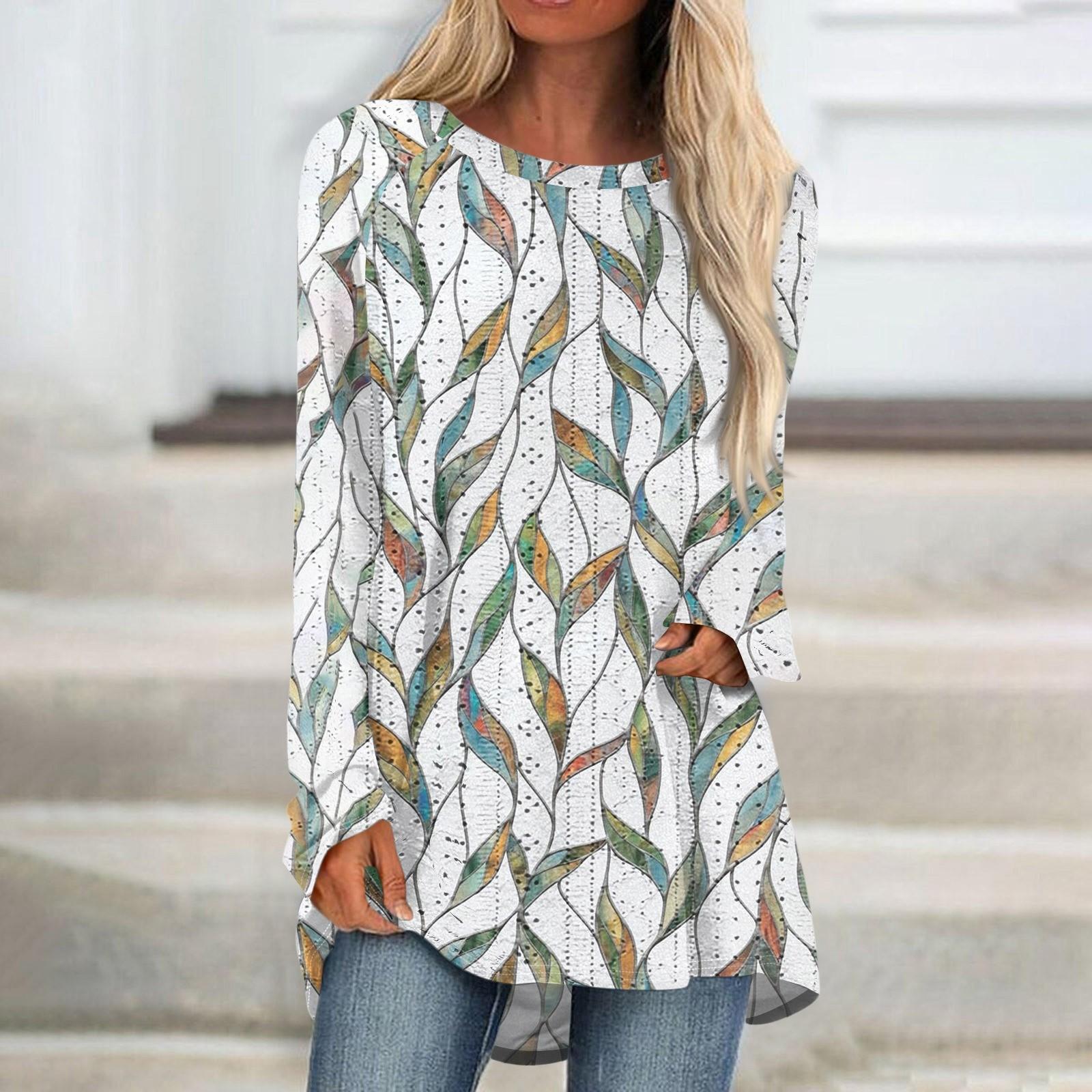 

Женские топы с круглым вырезом, блузки с длинным рукавом, повседневные рубашки средней длины, модные туники с принтом L