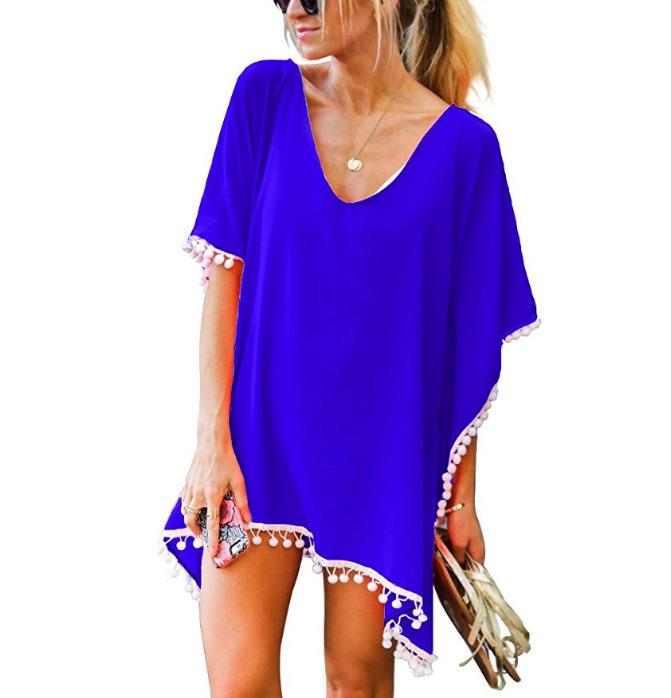 Chiffon Tassel Beach Cover-up: European & American Style with Fur Ball Accents