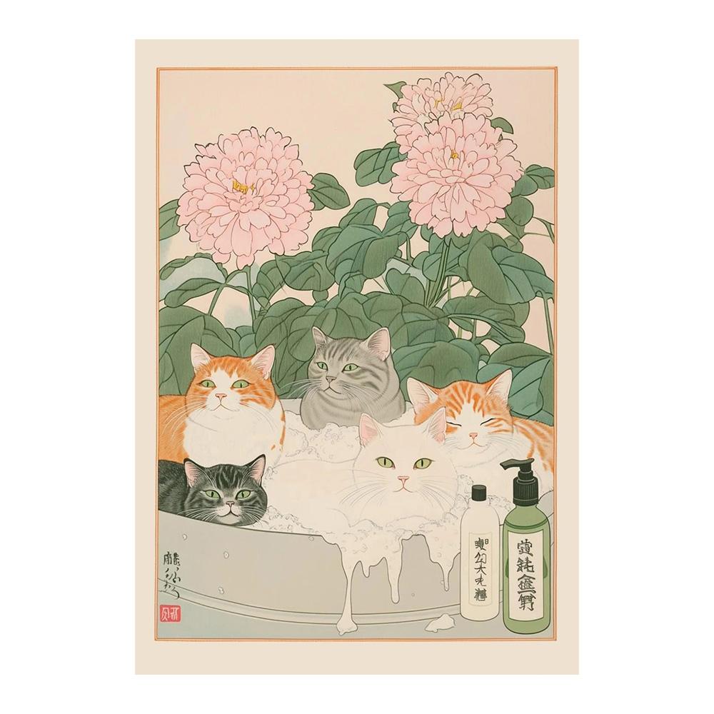 Gato Atigrado Japonés en Bañera Impresiones de Póster Pintura sobre Lienzo Estética Retro Arte de Pared Imagen Japandi Baño Aseo Decoración para el Hogar