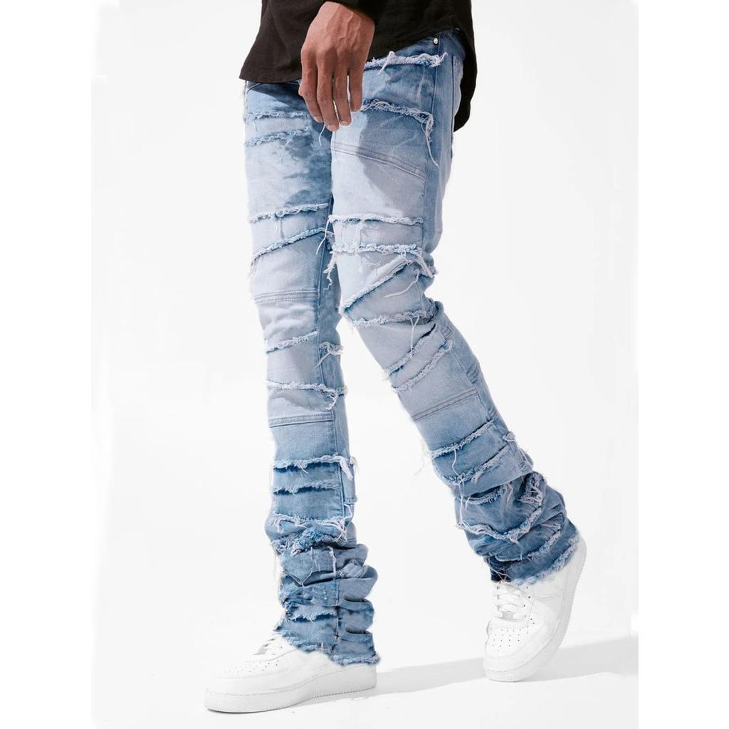 DRIPX New Stacked Jeans Men Patchworks Spliced Denim Ripped Wash Frayed Pants Male's Streetwear Men‘s Tassel Motorcycle Jeans