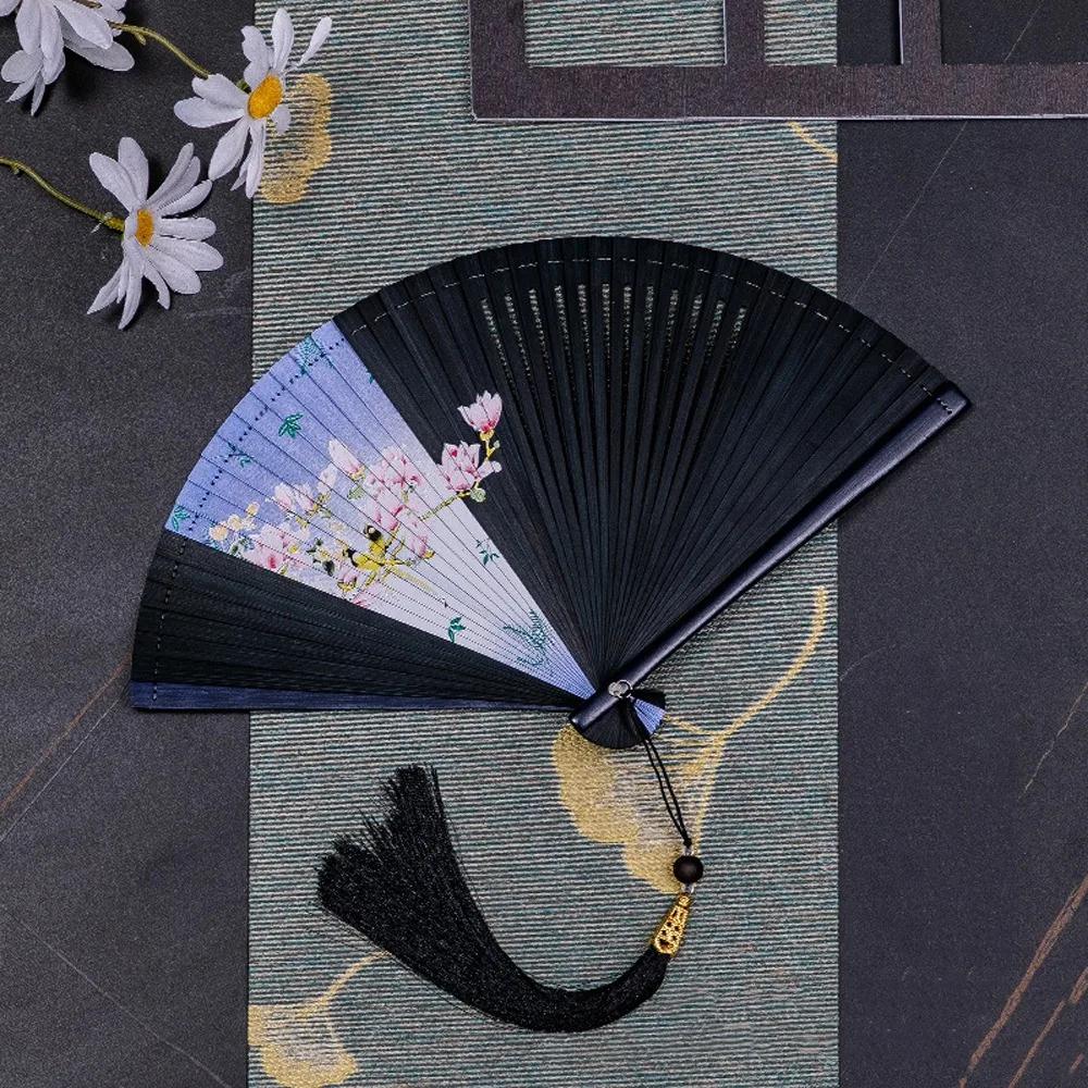 Chinesischer Stil Japanischer Klassischer Faltfächer Antiker Stil Schwarzer Faltfächer für Damen Handgefertigt Exquisite Handfächer