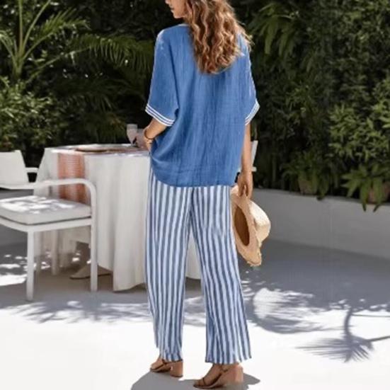 Summer Two Piece Outfit for Women Striped Short Sleeve V Neck Top And Wide Leg Pants Set with Pockets Casual Vacation Lounge Sets