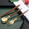 4PCS/Set Wooden Handle Cutlery Set Stainless Steel Fork Spoon and Chopsticks Set  School