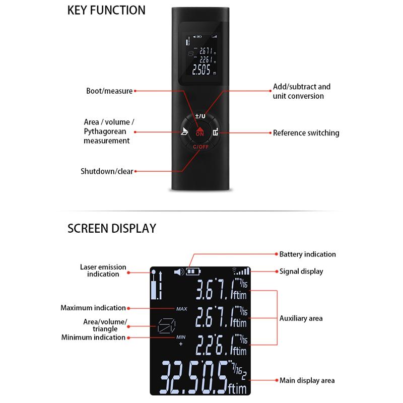 Handheld Multifunctional 40M/60M LCD Digital Laser Rangefinder Mini USB Charging Laser Distance Meter for Interior Decoration