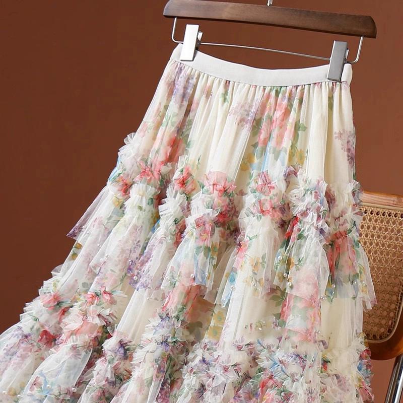 Dimanaf Jupes élégantes en mousseline de soie, taille élastique, plissée, maille, été 2025