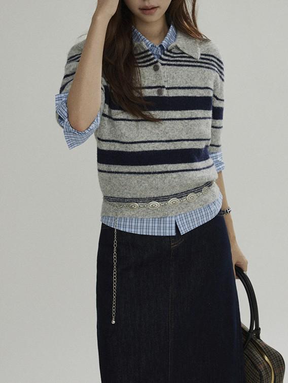 Joli Chiose Women's Striped Polo Collar Knit Sweater - Autumn Long Sleeve Casual Style