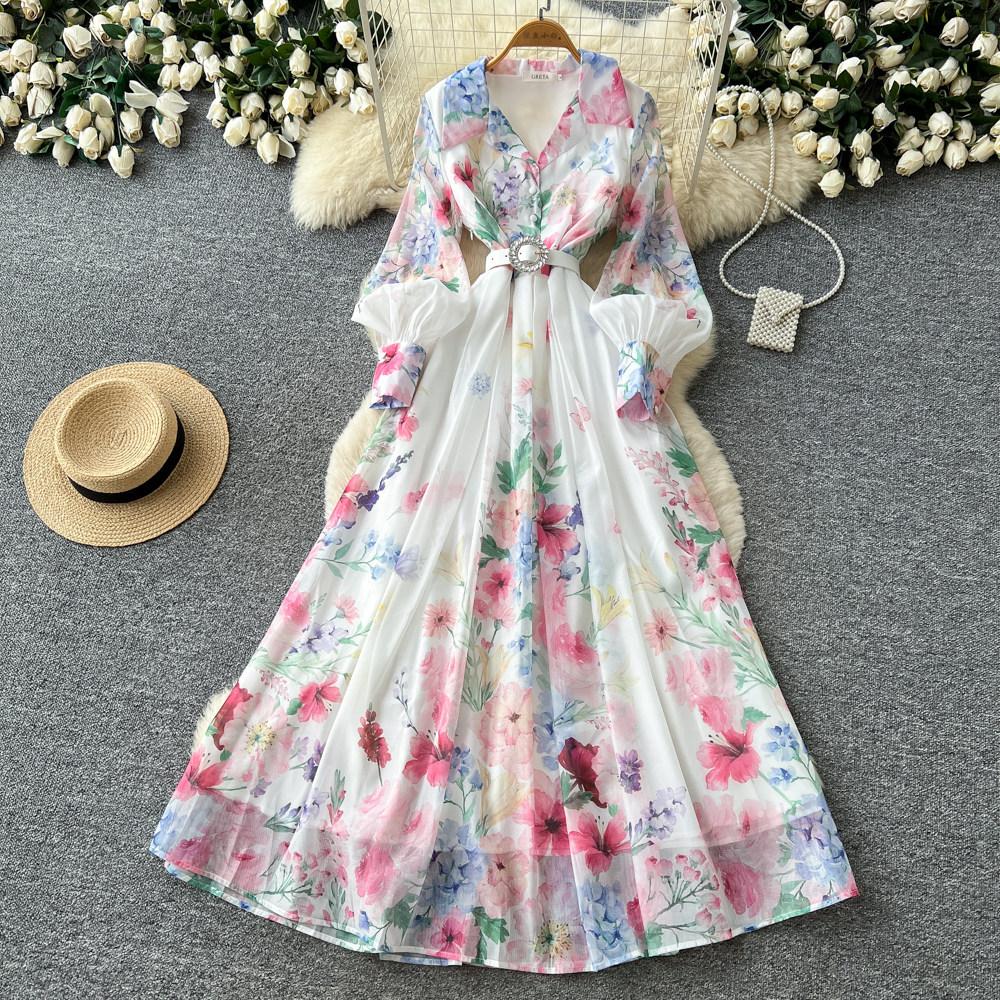 French Holiday Style Print Slim-fit Dress Women's Spring and Autumn V-neck Lantern Sleeve Waist Strap A-word Commuter Dress