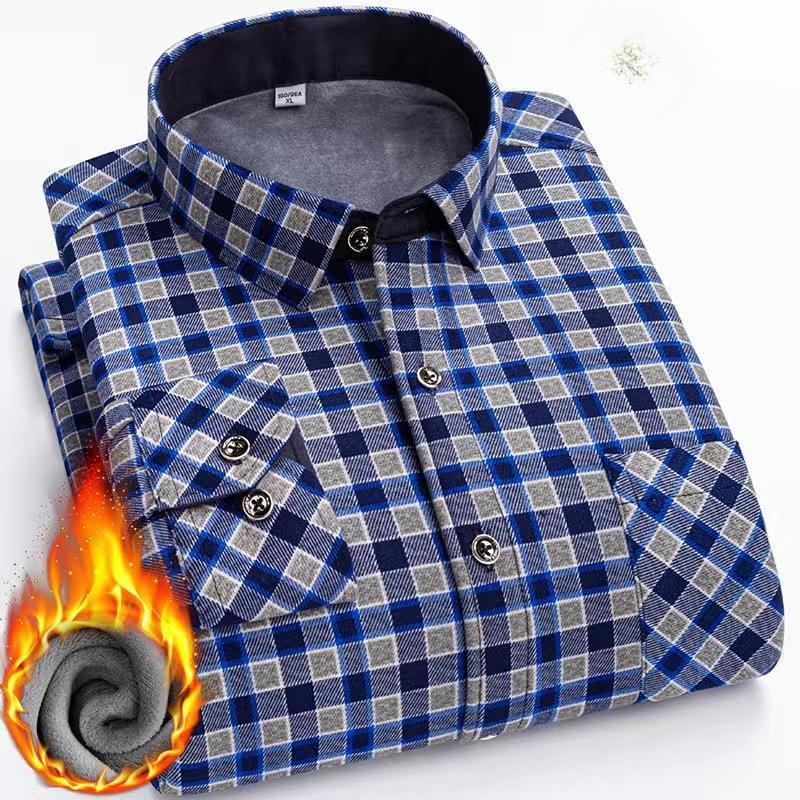 Camicia a maniche lunghe a quadri da uomo con pile ispessito, casual, business, elastica, non stirabile, calda, per gli anziani