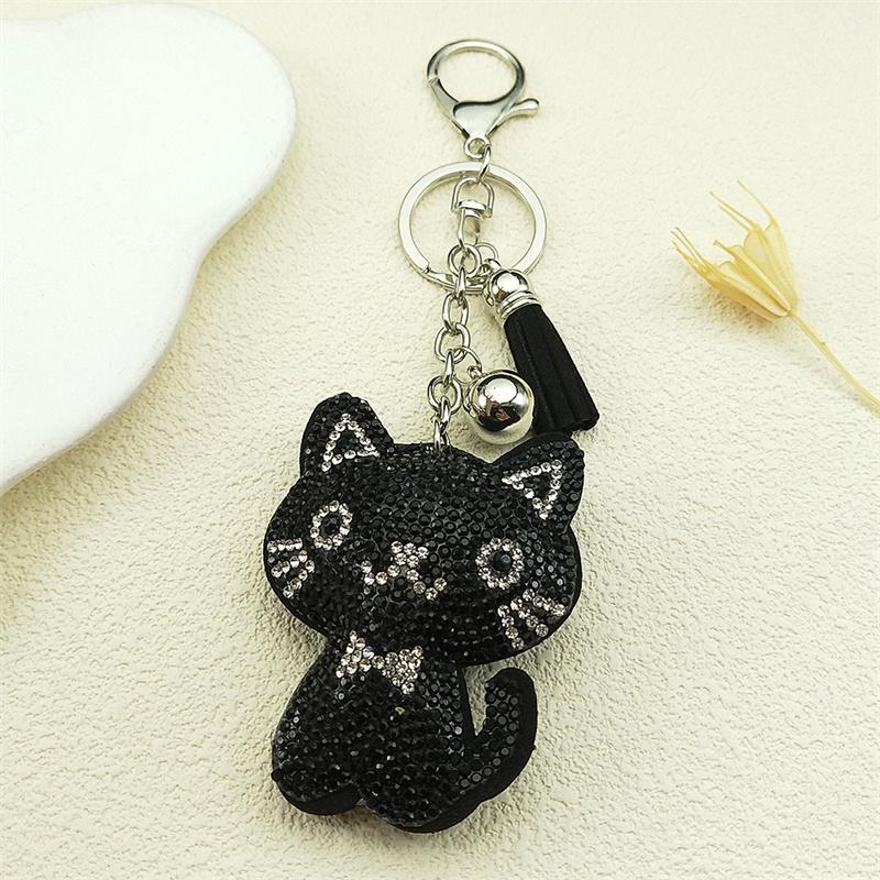 Black Cute Kitty Bowknot Keychain For Women Men Rhinestone Tassel Female Bag Decoration Cat Animal Keyring Jewelry Gifts