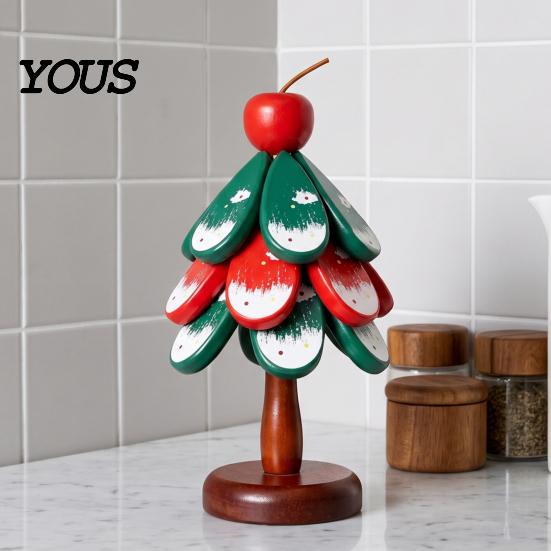 Rustic Dining Table Pad Christmas Tree Wooden Trivets, Durable Pine Wood Potholders with Storage Stand, Decorative Holiday Tray Heat Resistant