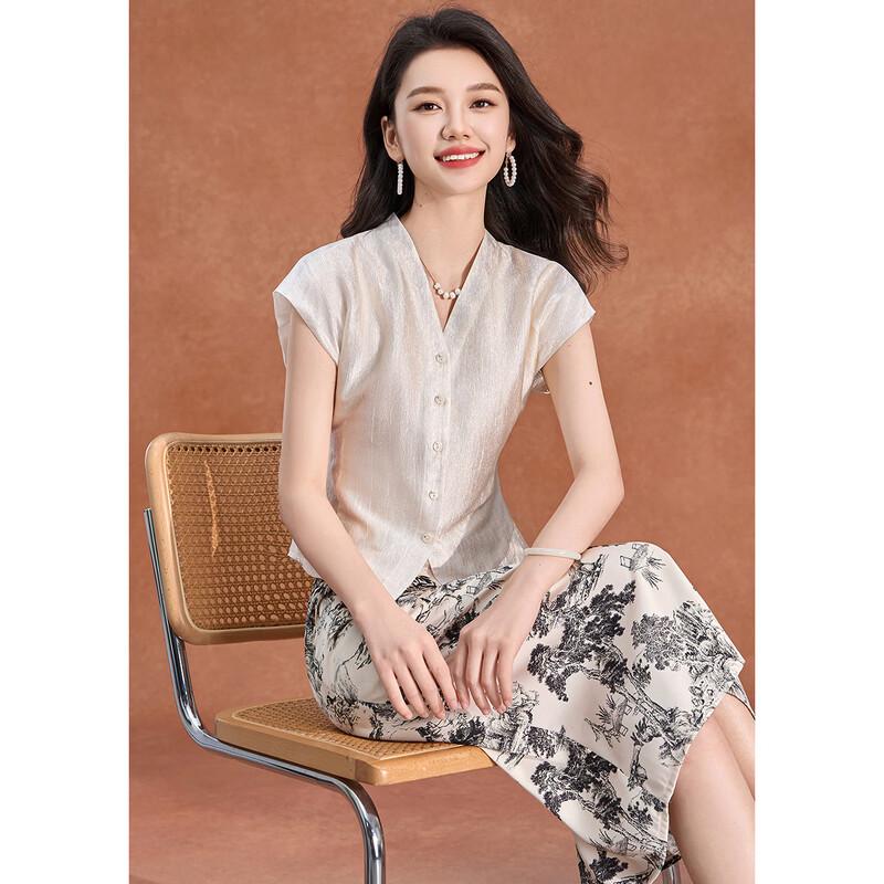 Elegant Chinese Style Acetate V-neck Shirt & Skirt Set L