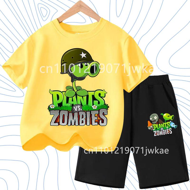Children's Plants Vs. Zombies Short-Sleeved T-Shirt Set Cotton Summer Fashion Comfortable Top+pants for Boys and Girls
