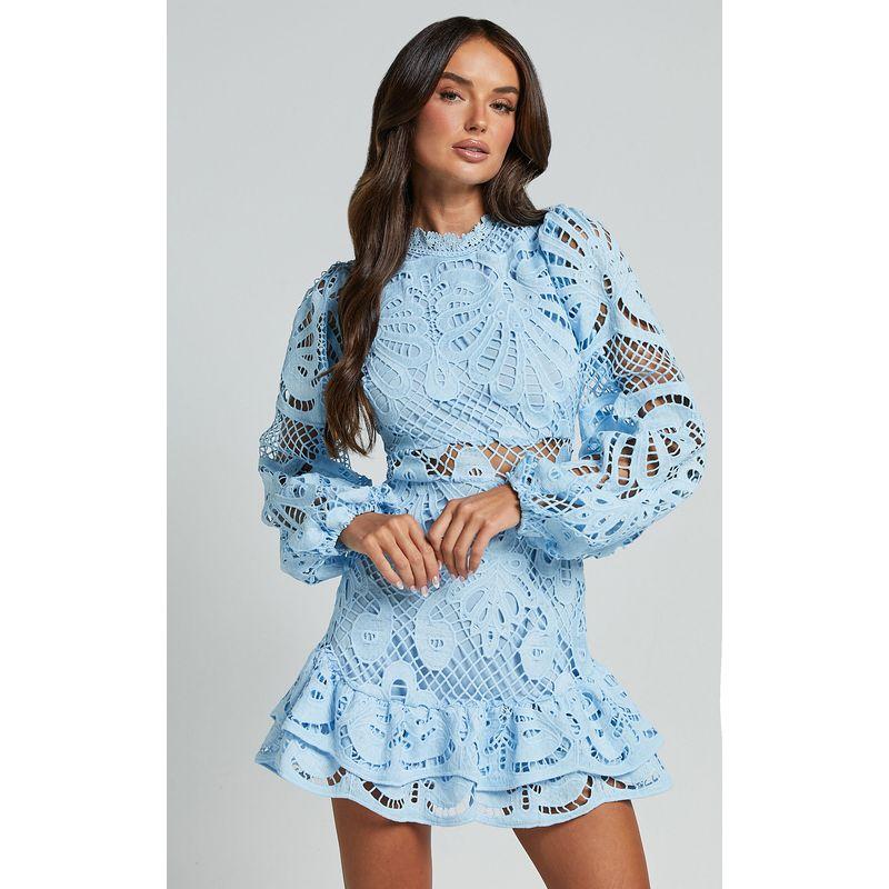 Cross-Border European and American Stand Collar Lantern Long Sleeve Waist Hugging Formal Dress Frill Hollow Water Soluble Lace Jumpsuit Skirt DRESS