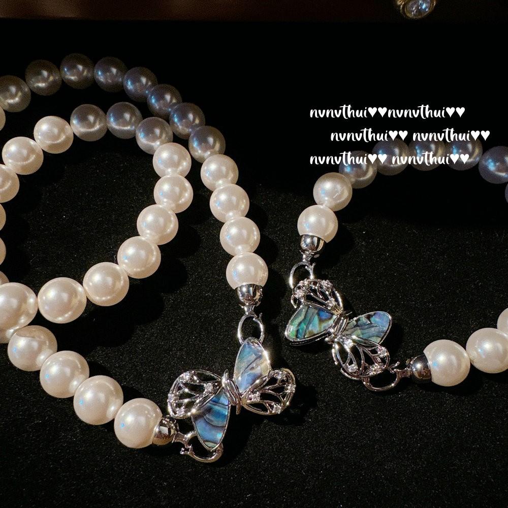 Butterfly Shell Mermaid Tears Peacock Purple Butterfly Gem Pearl Necklace, Cortez, Deep Sea Bead Bow Bracelet
